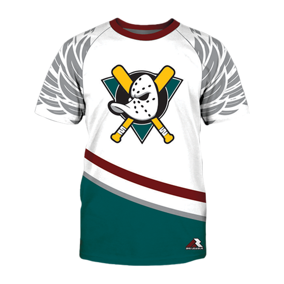 An Anaheim Mighty Ducks jersey is seen in a hockey supply store