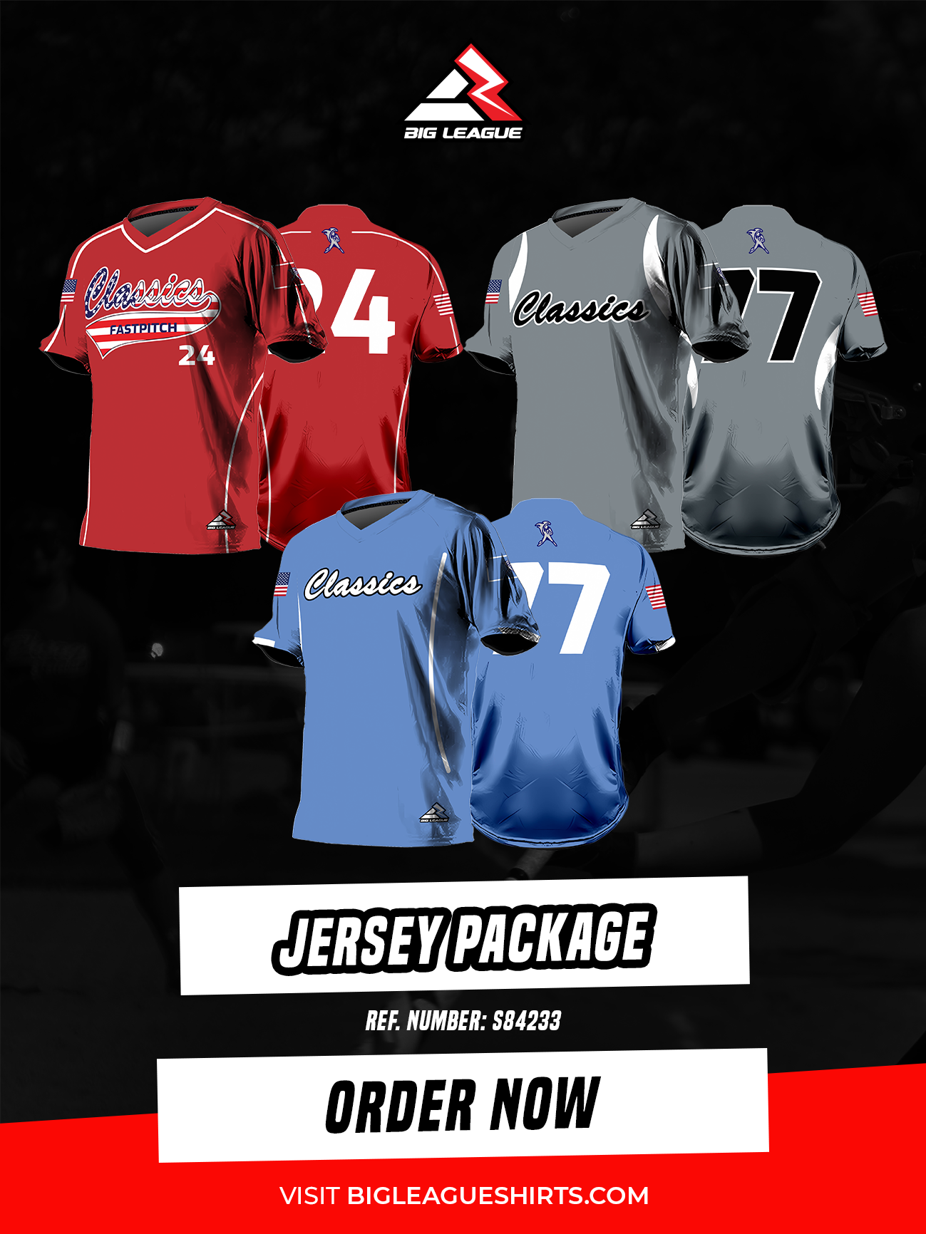 Player Jersey Package - 3 Jerseys (Red / Blue / Gray) / Player Jersey Package / Red / Blue / Gray